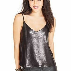 Material Girl Sequin Camisole Cami Black Matte Small Y2K Stretch Tank Top Crop